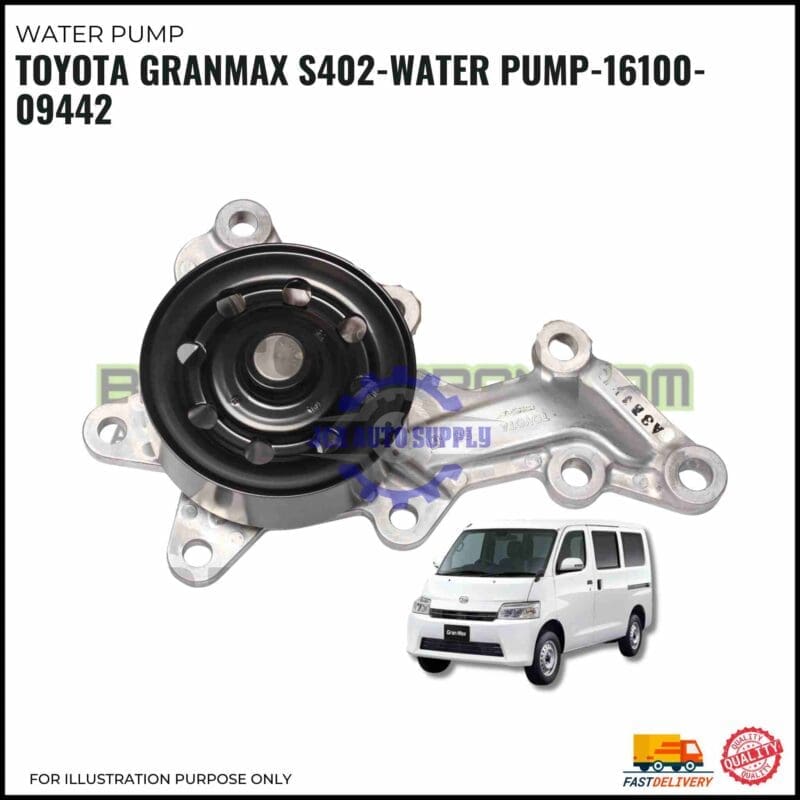 Image of a Toyota Granmax S402 water pump (part number 16100-09442) with a small photo of a white Toyota Granmax van, and icons indicating fast delivery and high quality.