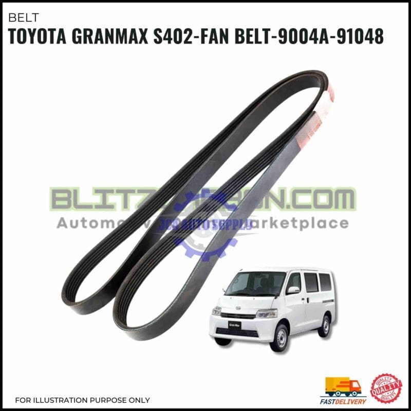 A black fan belt is displayed above a white Toyota Granmax van on a white background. Text reads Toyota Granmax S402-Fan Belt-9004A-91048. Logos for delivery and quality assurance are at the bottom.
