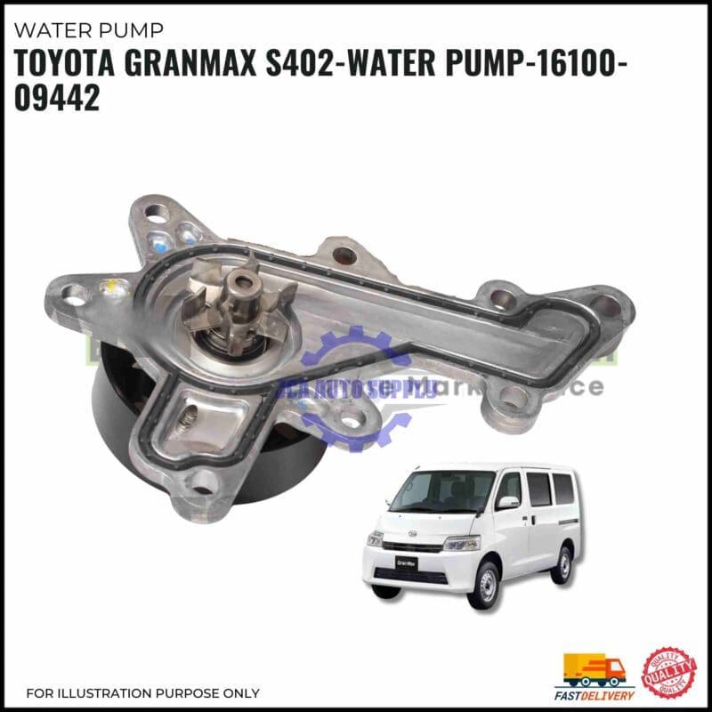 Toyota Granmax S402 water pump part (16100-09442) displayed prominently with a small image of a white van in the lower right corner, along with delivery and quality icons.