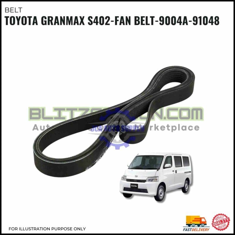 A black fan belt is displayed on a white background. Below the belt is a small image of a white Toyota Granmax van. Text identifies the item as a Toyota Granmax S402 fan belt, model 9004A-91048.