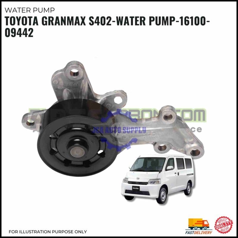 Image showing a replacement water pump for the Toyota Granmax S402, part number 16100-09442, with a small photo of a white van model and icons for fast delivery and quality assurance.