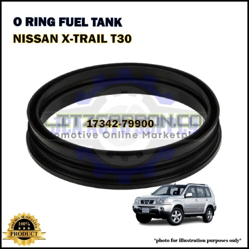 Black O-ring for fuel tank displayed on a white background, labeled for Nissan X-Trail T30 with part number 17342-79900. A small image of a silver SUV is shown at the bottom right.