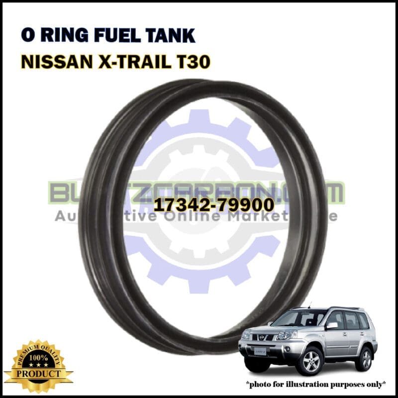 Black O-ring fuel tank gasket for Nissan X-Trail T30, with part number 17342-79900 shown in the center, and a small image of a Nissan X-Trail SUV in the bottom right corner.