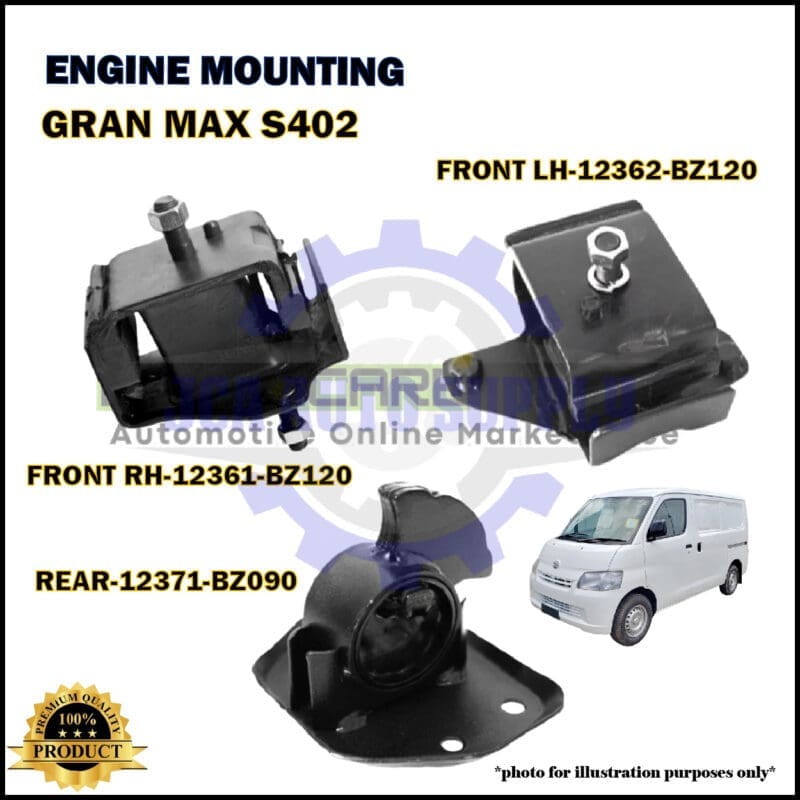 Three engine mounting parts for Gran Max S402 are shown with labels for front and rear positions, alongside a white van and a gold 100% Best Product badge.