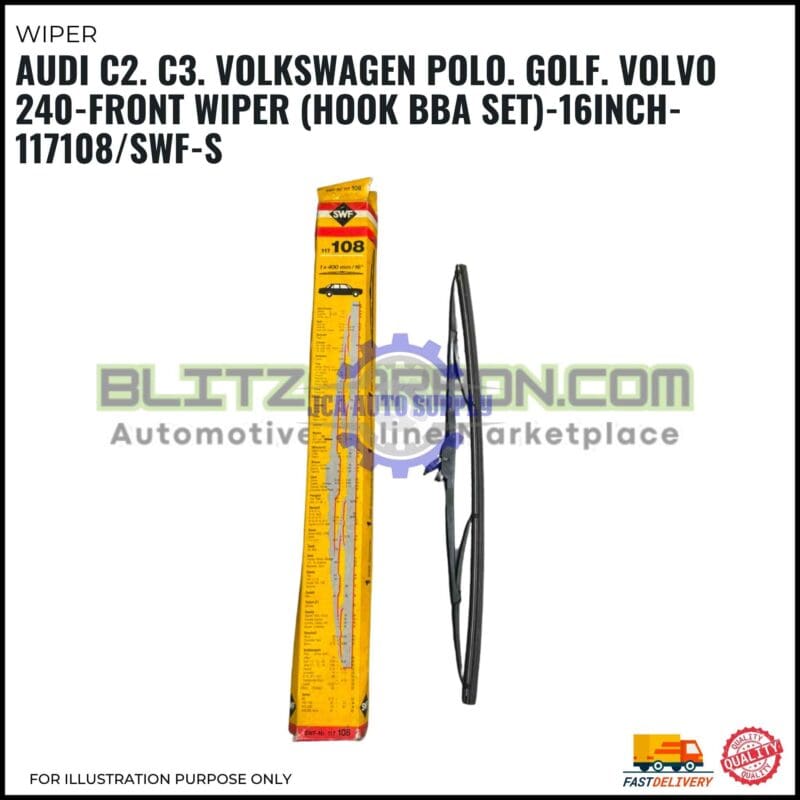 Front Wiper (Hook BA)-Audi C2. C3. Volkswagen Polo. Golf. Volvo 240-16 Inch-117108/SWF-S