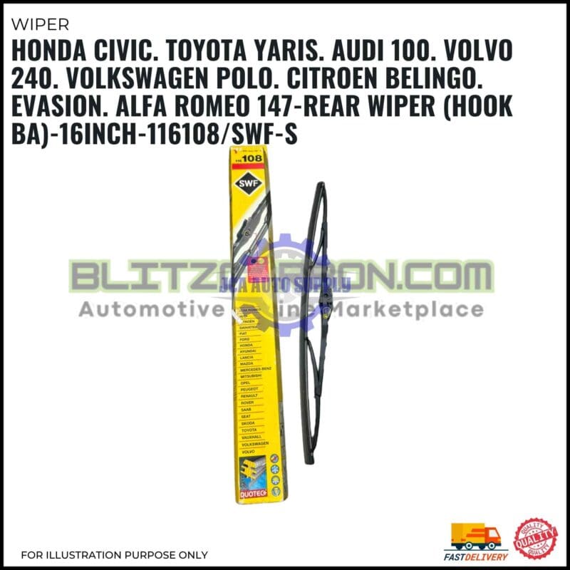 Rear Wiper-Honda Civic. Toyota Yaris. Audi 100. Volvo 240. Volkswagen Polo. Citroen Belingo. Evasion. Alfa Romeo 147-16 Inch-116108SWF-S